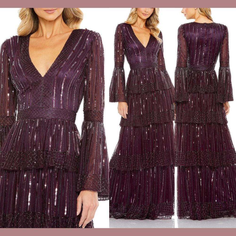 NWT $698 Mac Duggal [ 8 ] Embellished‎ Bell Sleeves Tiered Gown Blackberry #5442